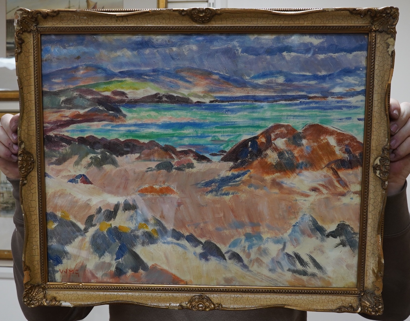 A decorative oil on board, Scottish colourist style, Coastal view, 40 x 50cm. Condition - good